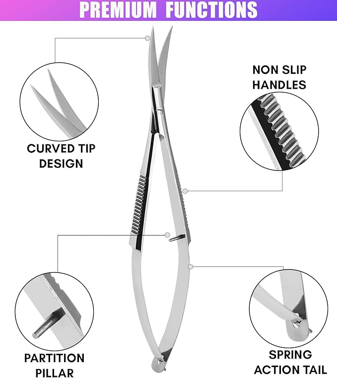 Cross Edge Curved Spring Scissors 5 Inch Stainless Steel Precision Eyebrow & Eyelash Shaping & Trimming Scissor, Snips Squeeze, Embroidery, Knitting Micro Tip Craft Scissors (Silver)
