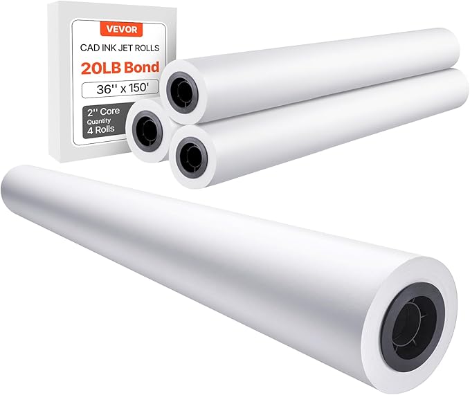 VEVOR Wide Format Paper, 36 in x 150 ft Plotter Paper, 4 Rolls CAD Bond Rolls with 2 in Core, 20 LB Bond Paper Rolls, Idea for CAD Drawings, Engineering Plans, GIS Maps & Architectural Designs