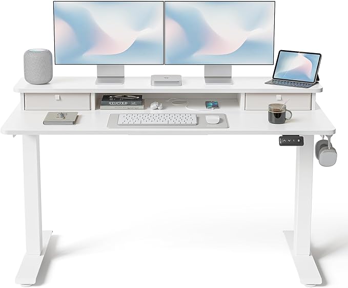 FEZIBO 55 x 24 Inch Height Adjustable Electric Standing Desk with Double Drawer, Stand up Home Office Computer Desk with 4 Height-Adjustable Feets & 2 Hooks, White
