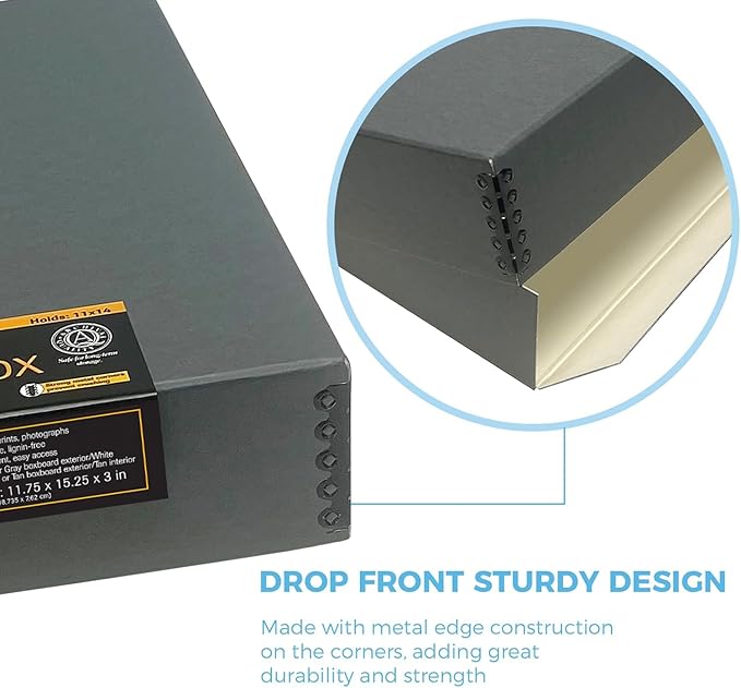 Lineco Museum Archival Storage Box, 11.75x15.25x3 in. Drop Front Design. Acid-Free with Metal Edge. Organize Photos, Pictures, Prints, Documents, Crafts, DIY. Gray, 2 Pack