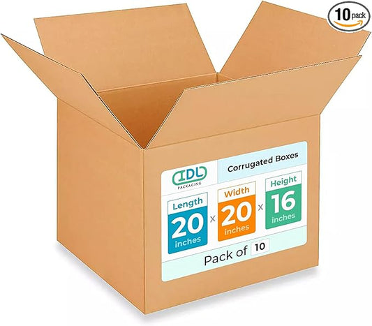 Extra Large Shipping & Moving Boxes 20x20x16 inches (10-Pack) - Extra Strength 200 lb vs Regular - Corrugated Shipping Boxes - Large Packing Box for Moving - Heavy Duty Box by IDL Packaging