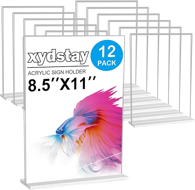 xydstay 12pack Acrylic Sign Holder 8.5 X 11, Vertical T Shape Clear Plastic Paper Sign Holder, Menu Holder Display Stand, FLyer Table Sign Holder for Restaurant, Office, School, Store and Home Use