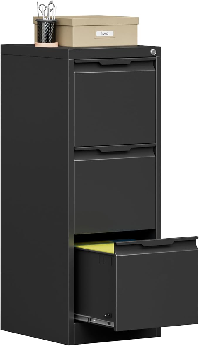 Bestoo 3-Drawer File Cabinet with Lock, Metal Filing Cabinet for Home Office, Vertical Filing Storage Cabinets, Fits File Folders, Letter/Legal/F4/A4 Size, Assembly Required (Black)