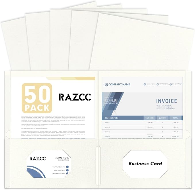 RAZCC Two Pocket Folders, 50 Pack 2 Pocket Folders Fit Letter Size Paper, Paper Folders with Pockets for School Office Business Home (White)