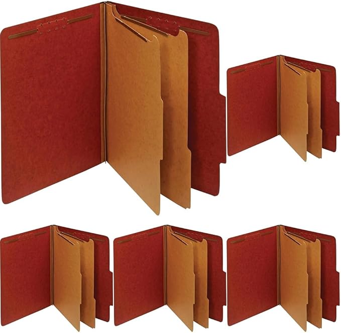 Pendaflex Recycled Classification File Folders, 2 Dividers, 2" Embedded Fasteners, 2/5 Tab Cut, Letter Size, Red (24075R), Specialty, Box of 10 (Pack of 5)