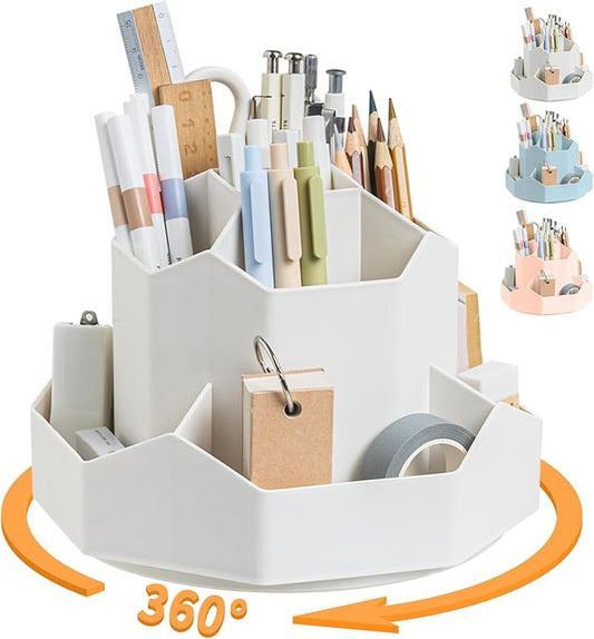 Cayxenful Pencil Pen Holder for Desk,9 Slots 360 Degree Rotating Desk Organizers,Desktop Storage Stationery Supplies Organizer, Cute Pencil Cup Pot For Office, School, Home(White)