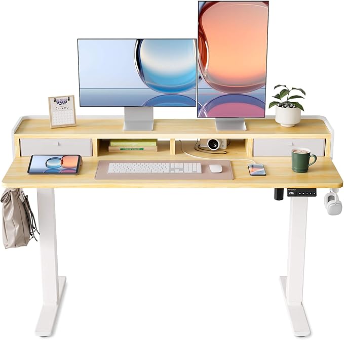 YIHAYO Electric Standing Desk with Drawers, 55 x 24 Inches Adjustable Desk with Storage Shelf, Stand Up Desk with Splice Board, Computer Table for Home Office, White Frame/Natural Top