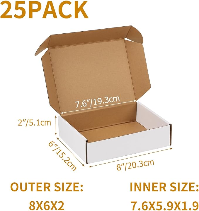 PHAREGE 8x6x2 Inch Shipping Boxes 25 Pack White, Tab Lock Tuck Top Mailer Boxes for Packaging Small Business, Cardboard Gift Boxes for Wrapping Mailing Present