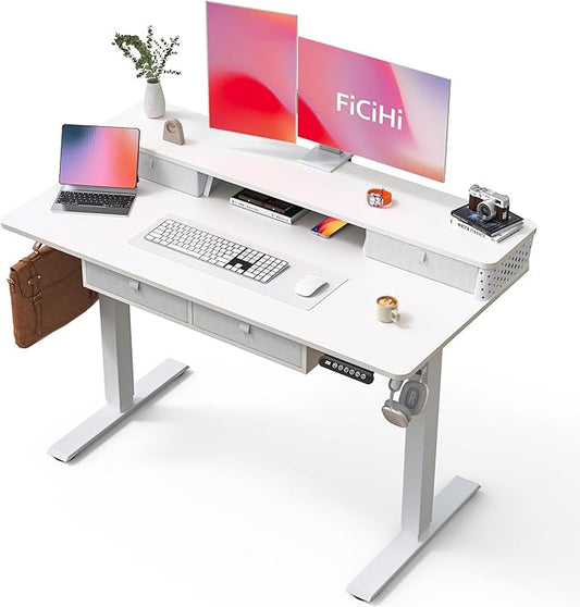 FiCiHi Electric Standing Desk with Four Drawers, Adjustable Height Sit Stand Desk, C-Clamp Compatible Home Office Desk with Storage Shelf & Monitor Stand Riser, 48 x 24 Inch, White