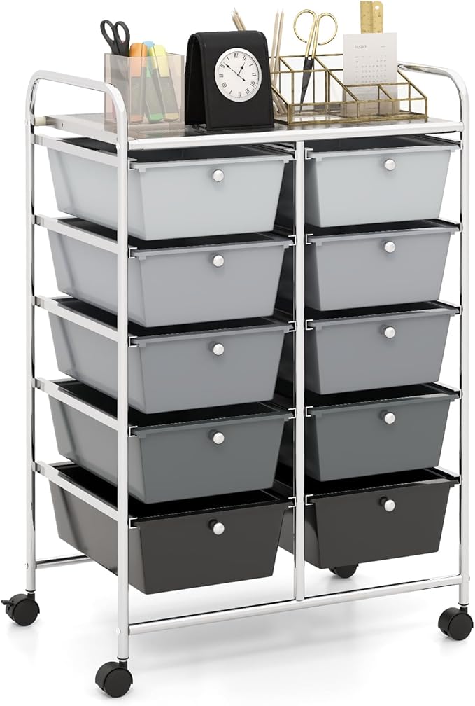 HAPPYGRILL 10-Drawer Rolling Storage Cart, Storage Organizer Cart with Lockable Wheels, Beauty Salon Movable Utility Cart for School, Office, Home, (Black Gradient)