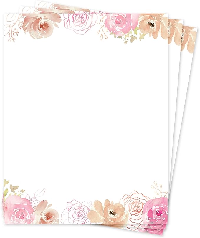 THiNKABLE Floral Stationery Paper, 50 Sheets, 8.5x11, Pink, Decorative, Writing Paper