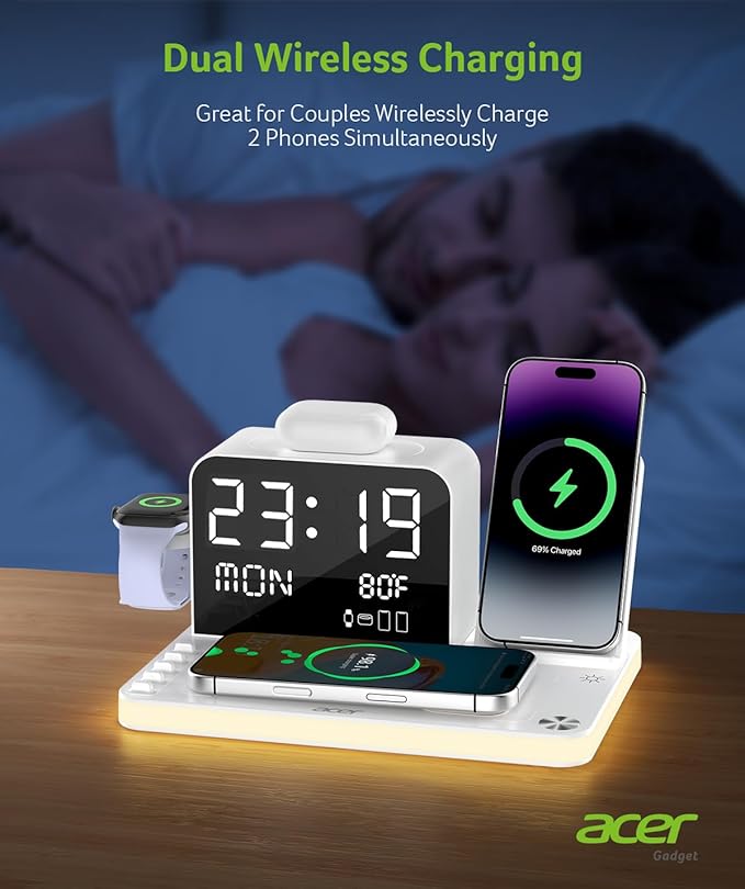 Acer 7-in-1 Wireless Charging Station with LED Clock - 30W Fast Wireless Charger for iPhone 16/15/14/13/12/Pro Max, Apple Watch, AirPods - Bluetooth Auto Time Sync & Night Lights (White)