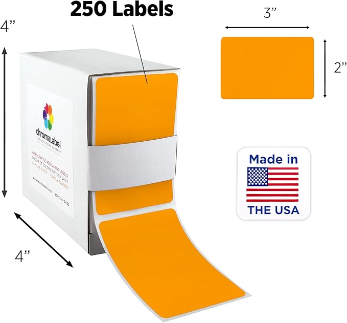 ChromaLabel 2 x 3 inch Permanent Color Code Rectangle Labels, 250 Labels per Dispenser Box, Fluorescent Orange