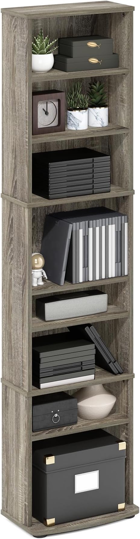Furinno Jaya DVD Shelf, 8-Tier Tall Narrow CD Rack, Media Shelf with Adjustable Shelves, DVD Storage Cabinets for CD Blueray Game Disc, Easy Assembly, for Living Room, Home Office, French Oak
