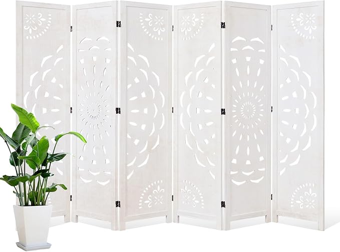 66.9Inch Wooden Room Partition - 6 Panels Boho-Styled Space Room Divider for Home/Office, Headboard & Yoga/Photo/Video Call Backdrop (White)