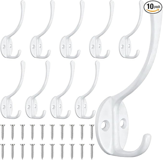 Homanu 10 Pack Coat Hooks Wall Mounted with 20 Screws, Heavy Duty White Towel Hooks Metal Double Hooks, No Rust Retro Rustic Wall Hooks for Hanging Towel, Coat, Scarf, Bag, Hat, Cup, Key