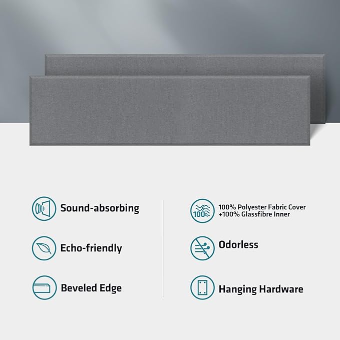 2” Thick Acoustic Panels with Hanging Brackets to the Wall, 2 PCS 47.2” x 11.8” Fiberglass Sound Absorbing Panels for Home Theater Church Office Wall or Ceiling, Light Grey