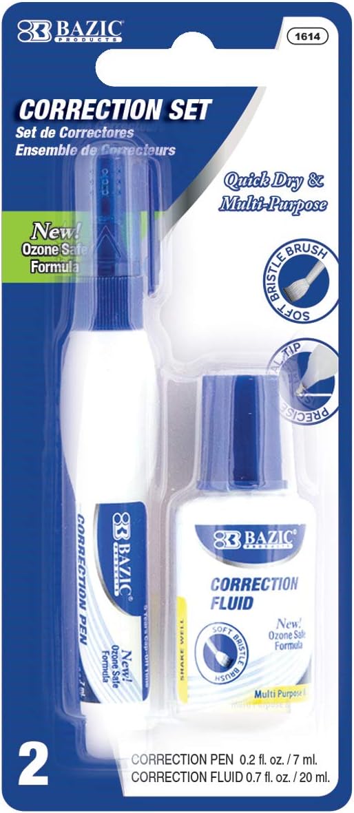 BAZIC Products Correction Fluid, Soft Bristle Brush & Precise Metal Tip Applicator, Fine Point Corrections Pen White Out Wipe Out Liquid (2/Pack), 24-Packs