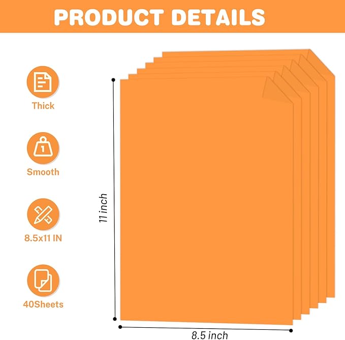 Light Orange Cardstock 8.5 X 11, 40 Sheets Neon Orange Card Stock, 75lb/ 200gsm Bright Orange Colored Copy and Printer Paper For Halloween Art, DIY Card, Craft, Construction, School & Office Supplie
