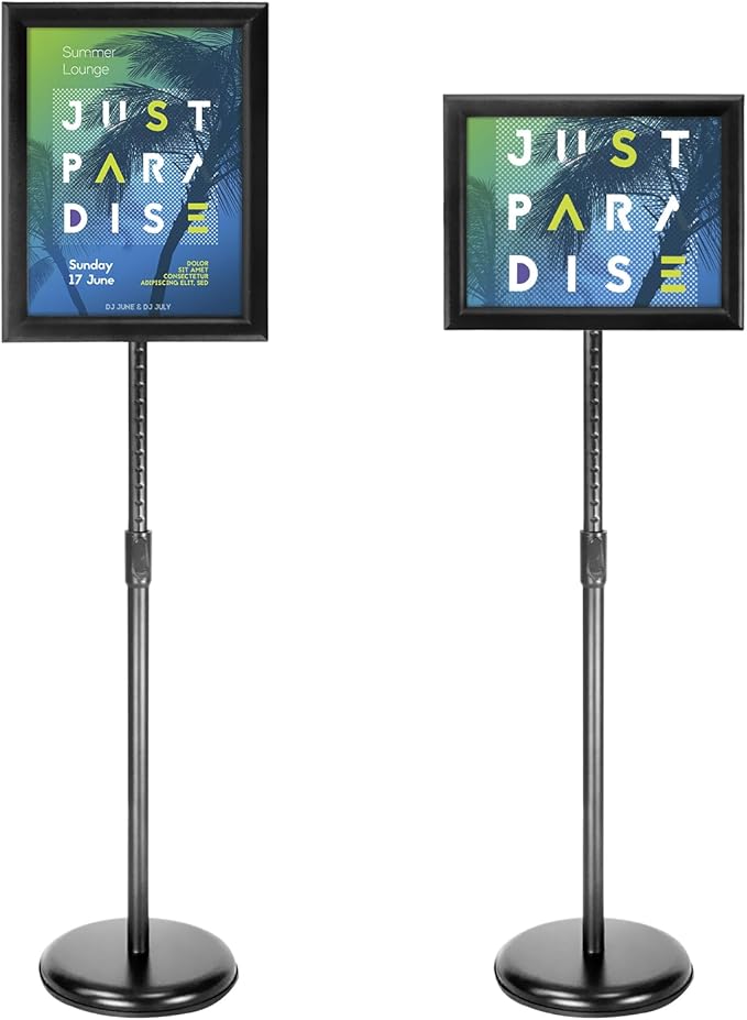 SENZHIYI Adjustable Poster Stand Holder 11x17 Inch, 360 Degree Rotation, Heavy Duty Snap Open Aluminum Pedestal Floor Standing Sign Holder Vertical and Horizontal View Sign Displayed (2PACK)