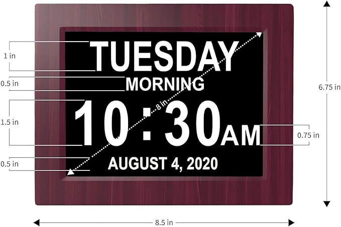 American Lifetime, New Version, Day Clock Extra Large Impaired Vision Digital Clock with Battery Backup and 5 Alarm Options, Premium Mahogany Color, 8 inch