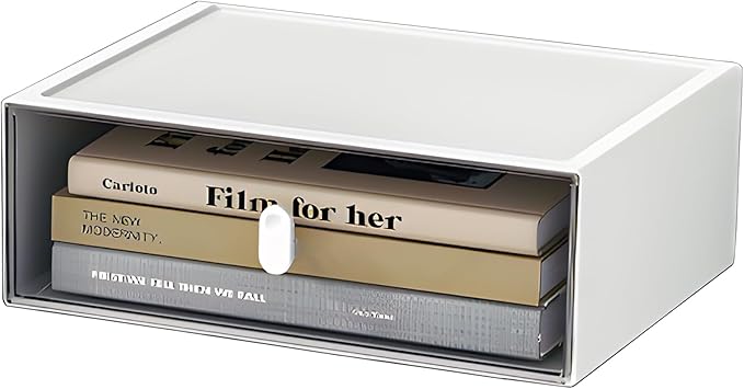 OSteed Desktop Drawers, Desk Organizer with 1 Large Drawer & Upright Handles, Stackable Plastic Storage Box for Home Collection, Cosmetics, Office Supplies (Tall Layer, White & Clear)