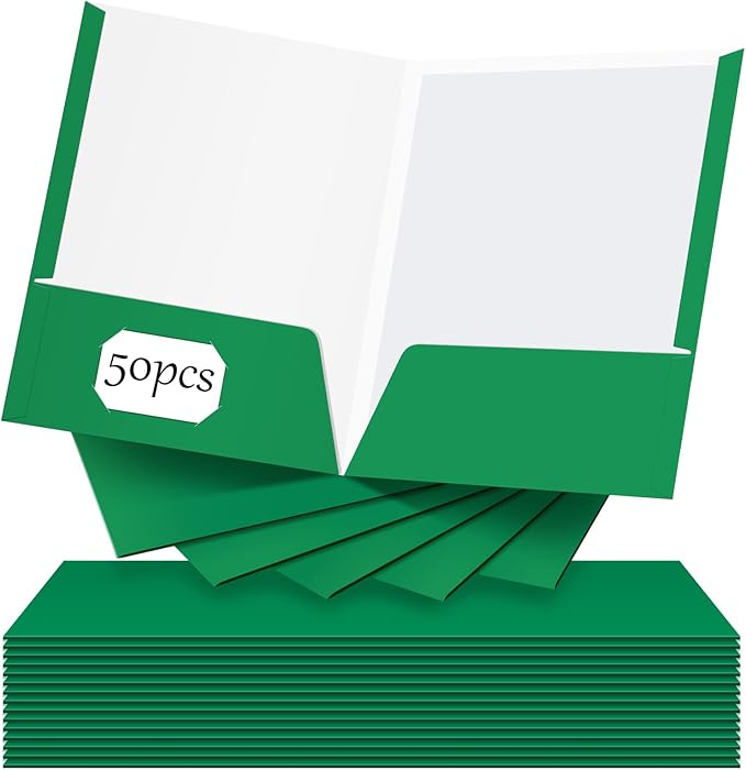 Jutom 50 Pcs 2 Pocket Glossy Paper Folders Glossy Paper Laminated Portfolios, Letter Size, Presentation Folders with Pockets for Office Teacher Worker Supplies(Green Color)