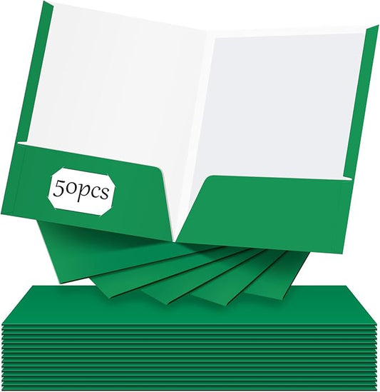 Jutom 50 Pcs 2 Pocket Glossy Paper Folders Glossy Paper Laminated Portfolios, Letter Size, Presentation Folders with Pockets for Office Teacher Worker Supplies(Green Color)