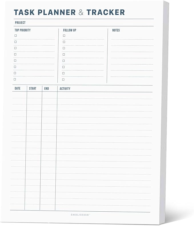Task Planner & Tracker 8.5 x 11 Tear-Off 70 Sheet Planner Pad – Project Organizer with Time Log, Top Priority, Follow-Up – Notepad for Home & Office (White, Minimalist, 1 Pack)