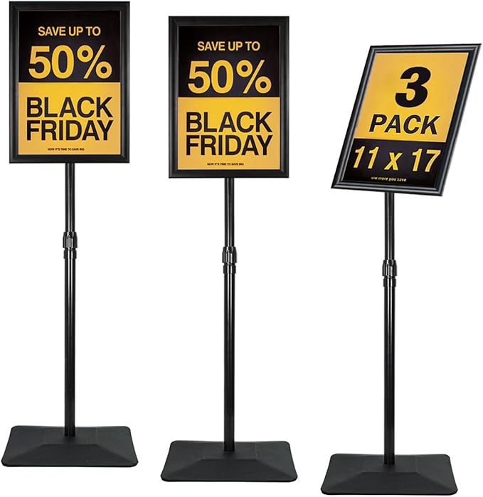Golemas Adjustable Sign Stand for Display, with Upgraded Iron Base, Pedestal Floor Signage Stand Holder for Outdoor or Indoor Advertising (11 x 17, Black, 3Pack)