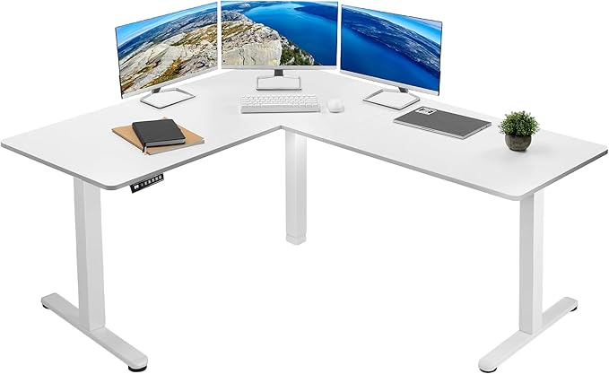 VIVO Electric Corner 63 x 55 inch L-Shaped Standing Desk, Memory Height Adjustment, White Top White Frame, DESK-E3CTW