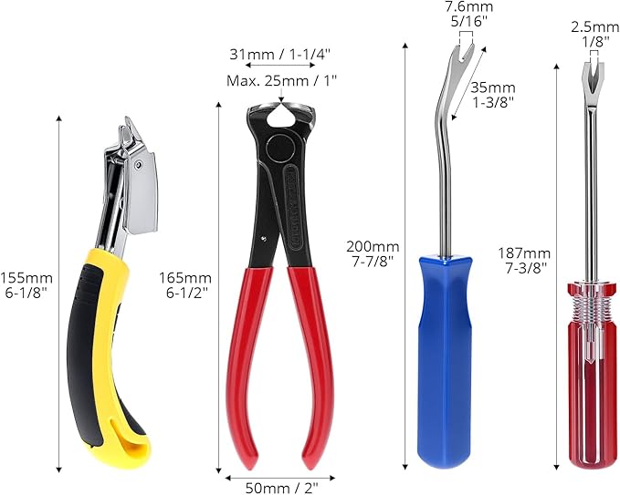 QWORK 4 Pcs Staple Remover Tool and Nail Puller Set, End Cutting Plier, V Tip Tack Pullers, for Furniture Floor Wall Car