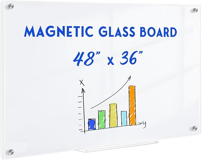 Magnetic Glass Whiteboard, 4' x 3' Glass Dry Erase Board for Wall, 48" x 36" Large Frameless White Board with 1 Marker Tray and 3 Magnets for Office, Home, Classroom - Ultra White
