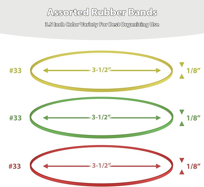 Bilinny Rubber Bands - Size 33 - Standard Office Supplies - Thick Rubber Bands - 300 Colorful Bands (Green, Red, Yellow) - 1/2 Lb - Made in USA
