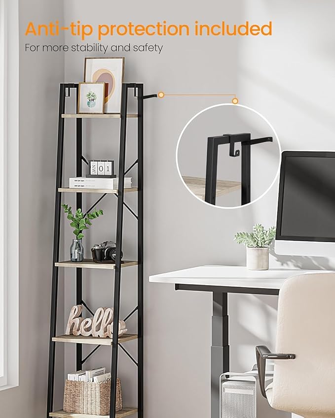 Hzuaneri Ladder Shelf, Bookshelf Bookcase, Freestanding Corner Storage Shelve with 2 Hooks for Home Office, Living Room, Kitchen, Bedroom, Industrial, 11.8" D x 13.4" W x 63" H, Greige BC03205B
