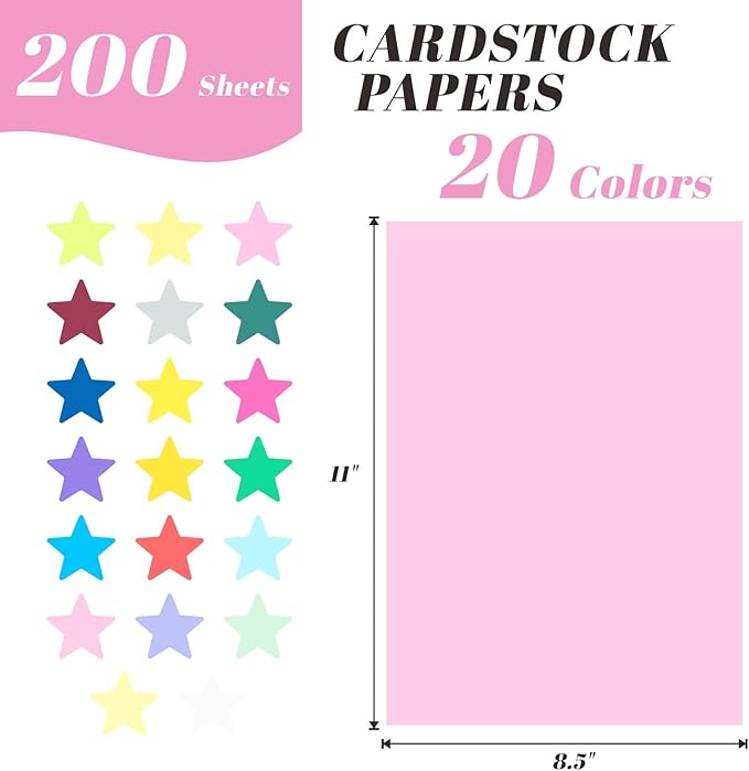 200 Sheets Colored Cardstock 20 Assorted Colors, 65lb/180gsm 8.5" x 11" Card Stock Paper, Bulk Colorful Cardstock for Cricut, DIY Crafts, Office Printing, Party Decor