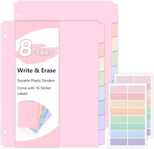 SKYDUE 8 Tab Durable Plastic Dividers,2Sets, Big Tab Dividers for 3 Ring Binder, Write&Erase 3 Ring Binder Dividers with Tabs, with Sticker Labels, Long-Lasting Plastic Pastels Binder Dividers