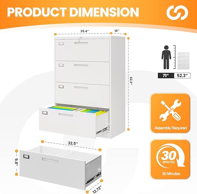 AFAIF 4 Drawer File Cabinets for Home Office, Metal Filing Cabinet with Lock, White Locking File Caninet Four Drawer, Office Storage Caninets Steel Cabnet for Letter/Legal/A4/F4-Assembly Required