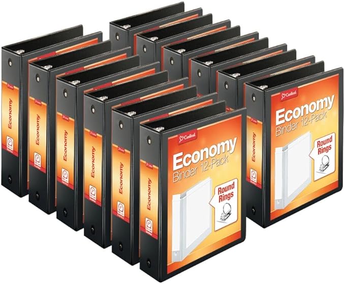 Cardinal Economy 3-Ring Binders, 3", Round Rings, Holds 625 Sheets, ClearVue Presentation View, Non-Stick, Black, Carton of 12 (90650)