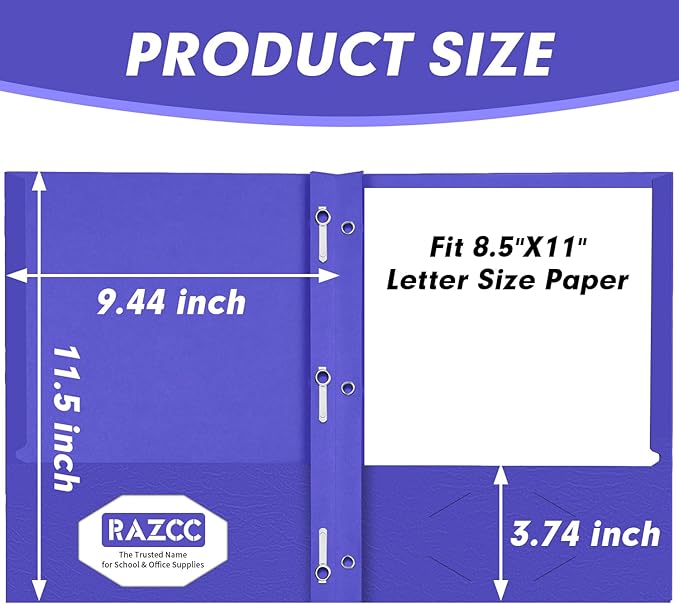 Two Pocket Folders, RAZCC 100 Pack Two Pocket with Prongs, 3 Prong Pocket Folders Letter Size, Paper Folders with Prongs for School Office Home Business, Assorted 5 Colors