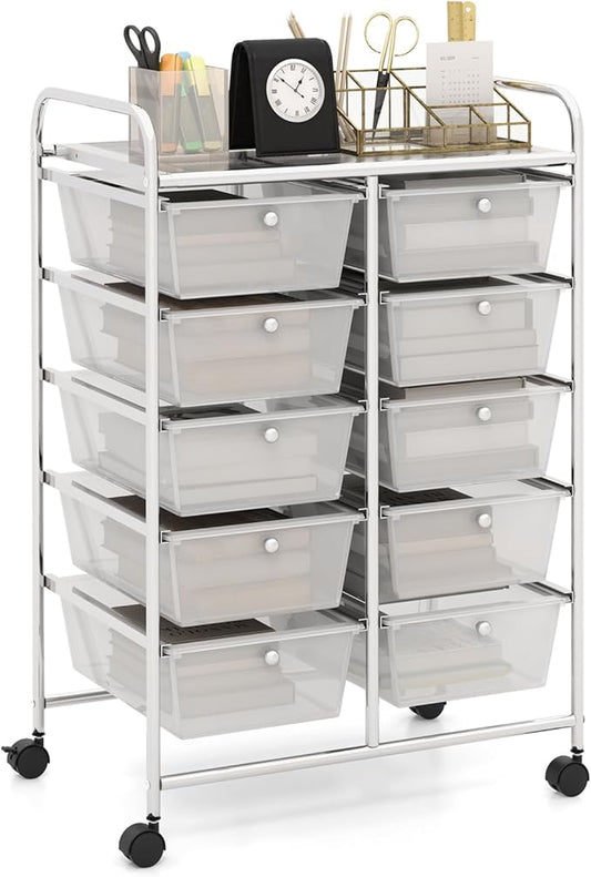 HAPPYGRILL 10-Drawer Rolling Storage Cart, Storage Organizer Cart with Lockable Wheels, Beauty Salon Movable Utility Cart for School, Office, Home, (Clear)