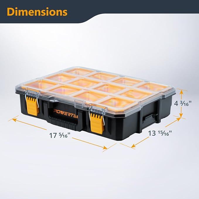 POWERTEC Small Parts Organizer & Tool Box – 10 Compartments, IP65 Water & Dust Protection, Stackable Storage with Interlocking Latch, Removable Tray, Clear Lid, Portable Design (72365)