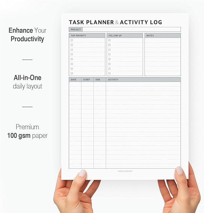 Task Planner & Tracker 8.5 x 11 Tear-Off 70 Sheet Planner Pad – Project Organizer with Time Log, Top Priority, Follow-Up – Notepad for Home & Office (White, Classic, 1 Pack)
