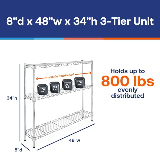 Shelving Inc. 8" d x 48" w Chrome Wire Shelving with 3 Tier Shelves, Weight Capacity 800lbs Per Shelf
