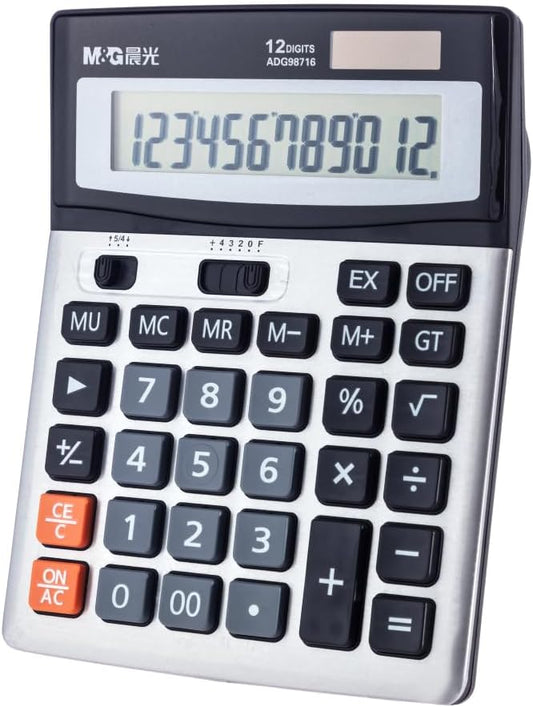 M&G Desk Calculator 12 Digit Extra Large LCD Display Calculators, Dual Solar Power and Battery, Battery Included, Metal Panel Comfort Button Calculator for Office Home