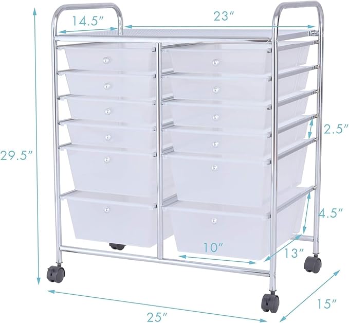 Happygrill 12-Drawer Rolling Storage Cart, Multipurpose Storage Cart W/Lockable Wheels, 2 Sizes Plastic Drawers & Metal Shelf, Mobile Utility Cart for Home Office School