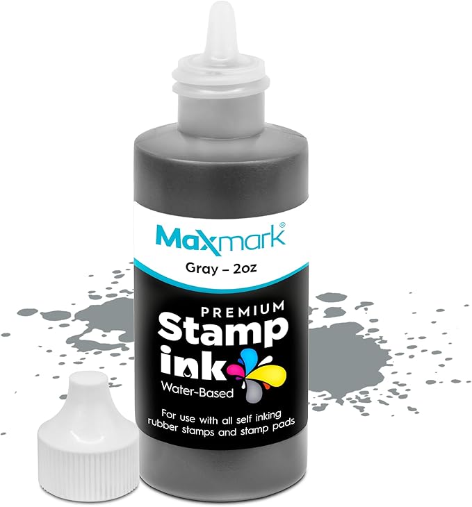 MaxMark Premium Refill Ink with Control Tip Bottle for Self-Inking Stamps, Gray Color - 2 oz.