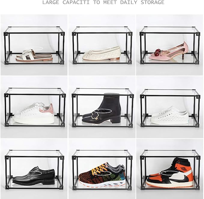 KOKOIN Magnetic Side Open Transparent Plastic Storage Shoe Box Clear Shoe Display Case Sneaker Shoe Storage Box Display Box Shoe Container Clear Closet Shelf Shoe Organizer (Black 8PC)