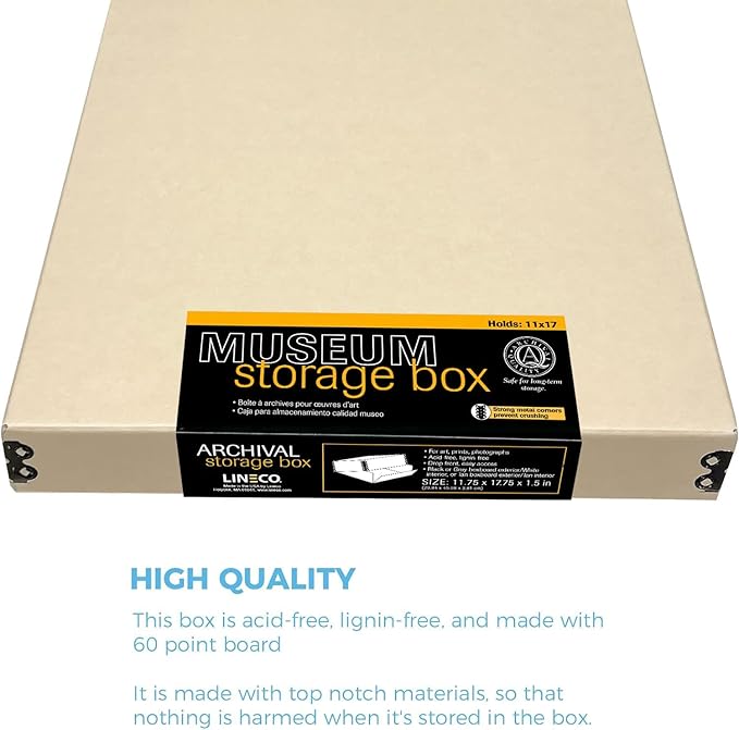 Lineco Museum Archival Storage Box, 11.75x17.75x1.5 in. Drop Front Design. Acid-Free with Metal Edge. Organize Photos, Pictures, Prints, Documents, Crafts, DIY. Tan, 1 Pack