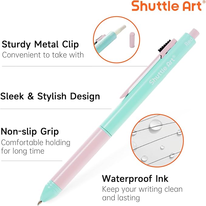 Shuttle Art 4 in 1 Multicolor Pen, 2 Pack Retractable Ballpoint Pens with 1.0mm Black Blue Red Ink and 0.5mm Mechanical Pencil, Multifunction Pens Fresh Style Gift Set for Writing School Office Home